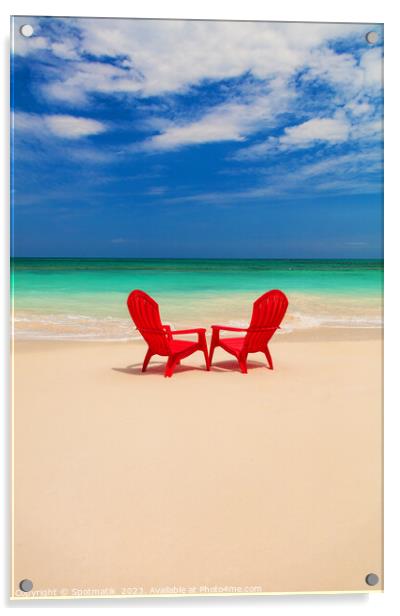 Tranquil holiday destination with red chairs on beach Acrylic by Spotmatik 