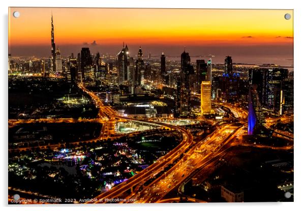 Aerial view of illuminated Dubai at sunset UAE  Acrylic by Spotmatik 