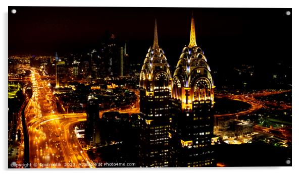 Aerial illuminated Downtown night view of Dubai UAE Acrylic by Spotmatik 