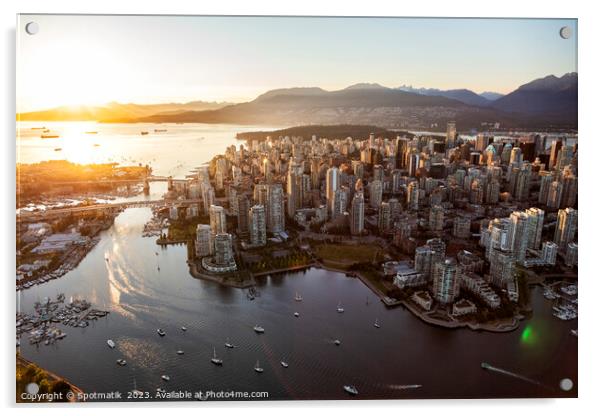 Aerial sunset Vancouver city skyscrapers English Bay Canada Acrylic by Spotmatik 