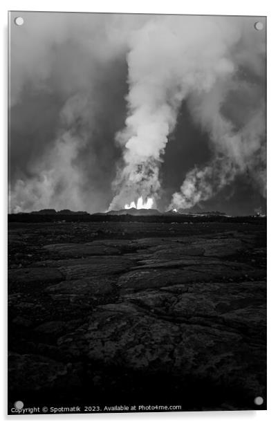 Aerial view of Icelandic active volcanic fissure eruption Acrylic by Spotmatik 