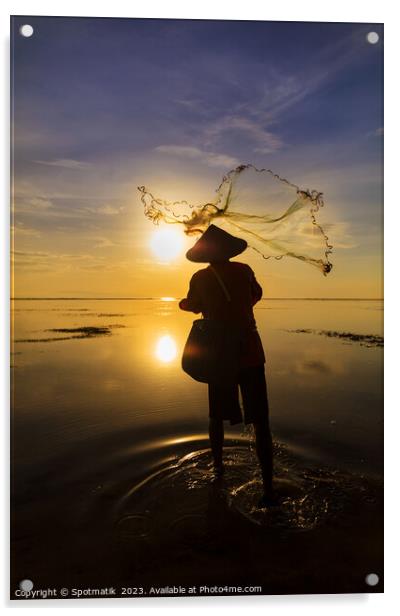 Balinese fisherman casting net Flores sea sunrise Acrylic by Spotmatik 