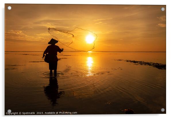 Silhouette Balinese male fishing Indonesian coastline at sunrise Acrylic by Spotmatik 