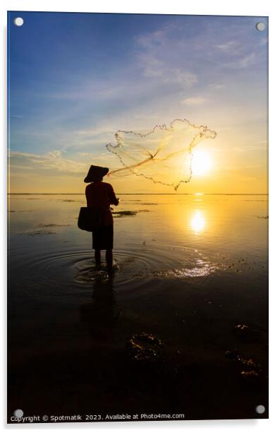 Balinese fisherman casting net Flores sea at sunrise Acrylic by Spotmatik 