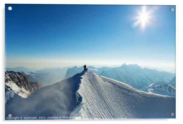 Aerial Switzerland mountaineers on snow covered Peak Europe Acrylic by Spotmatik 
