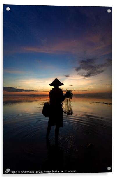 Balinese male fishing at sunrise Flores sea coastline  Acrylic by Spotmatik 