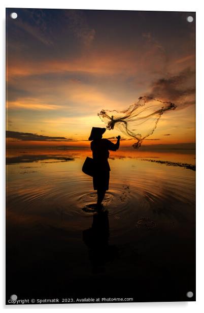 Balinese fisherman casting net Flores sea at sunrise Acrylic by Spotmatik 