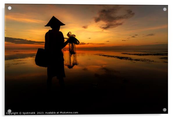 Silhouette Balinese male fishing Indonesian coastline at sunrise Acrylic by Spotmatik 
