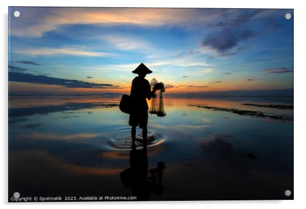 Silhouette Balinese male fishing Indonesian coastline at sunrise Acrylic by Spotmatik 