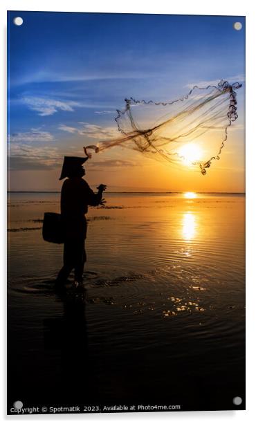 Indian ocean Balinese fisherman at sunrise fishing Indonesia Acrylic by Spotmatik 
