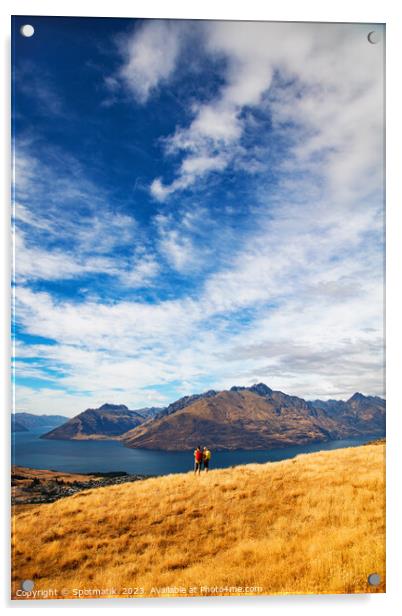 Male female hikers viewing Lake Wakatipu New Zealand  Acrylic by Spotmatik 