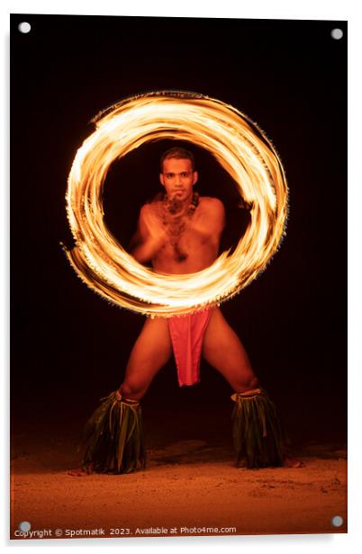 French Polynesia Illuminated flaming torch male Fire dancer  Acrylic by Spotmatik 