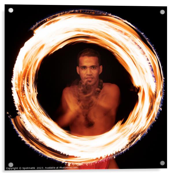 Male Polynesian Fire dancer performing Ring of Fire  Acrylic by Spotmatik 