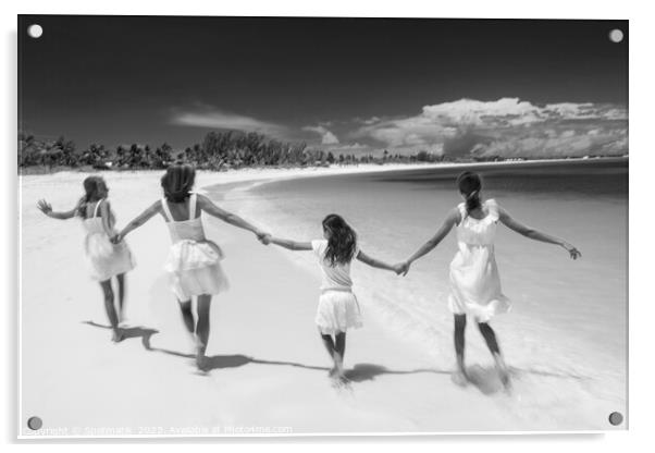 Happy Beach family in white walking holding hands  Acrylic by Spotmatik 