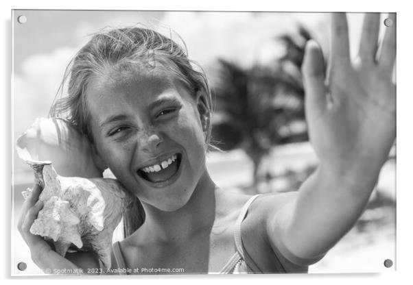 Portrait of beautiful girl with seashell on beach Acrylic by Spotmatik 