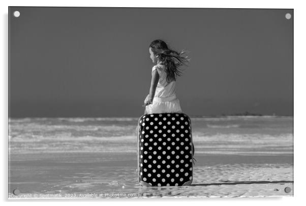 Girl sitting on red polka dot travel suitcase  Acrylic by Spotmatik 
