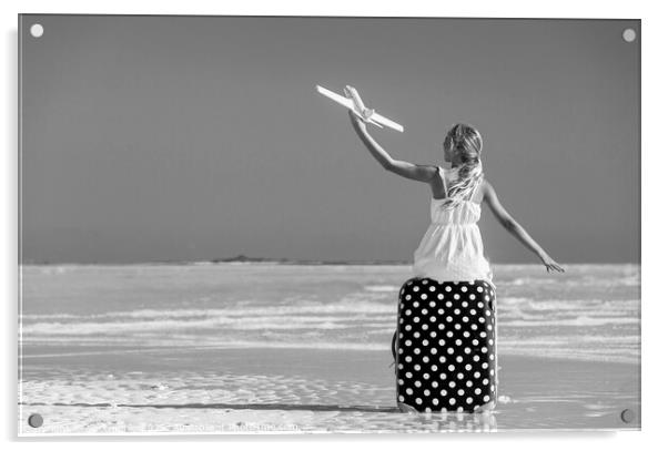 Girl sitting on red travel luggage on beach plane Acrylic by Spotmatik 