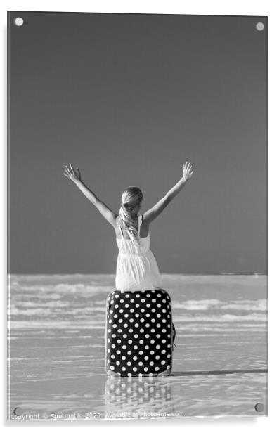 Blonde female teenager on beach sitting on suitcase Acrylic by Spotmatik 
