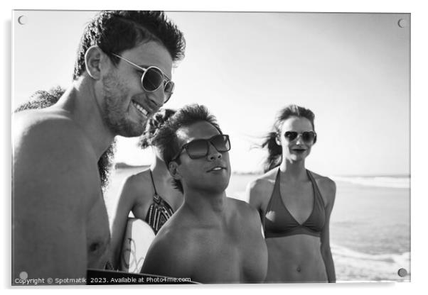 Friends on beach going bodyboarding on Summer vacation Acrylic by Spotmatik 