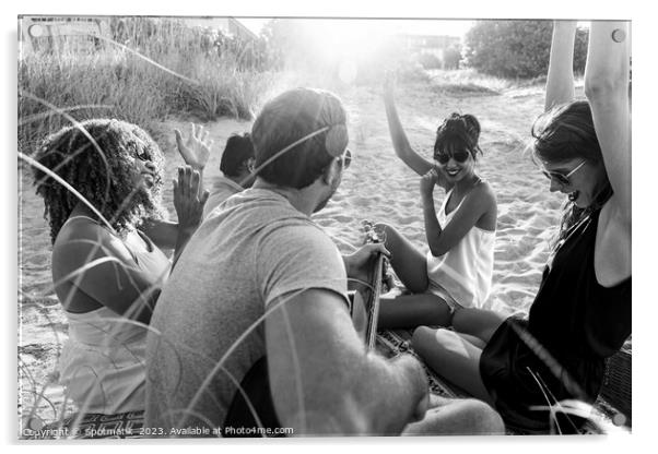 Outdoor fun on beach friends enjoying guitar music Acrylic by Spotmatik 