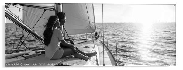 Panorama of young Hispanic couple at leisure on luxury yacht Acrylic by Spotmatik 