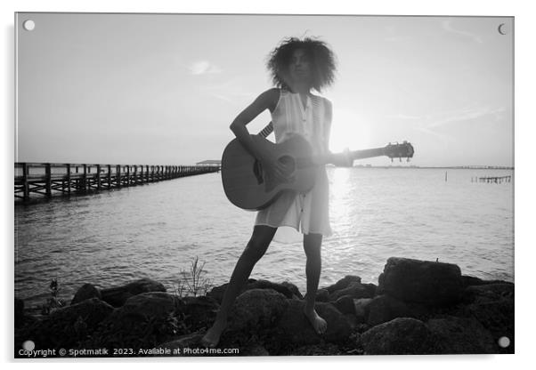 Afro American girl playing guitar with ocean sunset Acrylic by Spotmatik 