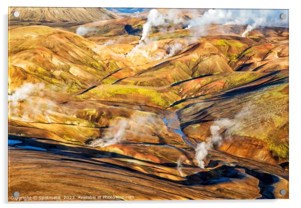 Aerial natural steam rising from steam fissures Landmannalaugar  Acrylic by Spotmatik 