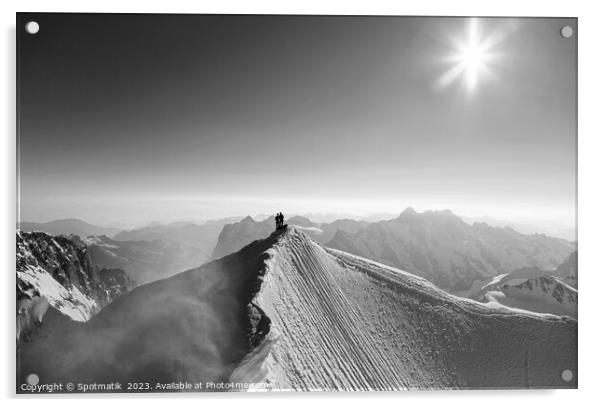 Aerial Switzerland mountaineers on snow covered Peak Europe Acrylic by Spotmatik 