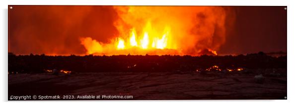 Aerial Panorama view of erupting molten lava Iceland Acrylic by Spotmatik 