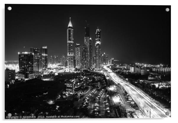 Night Dubai illuminated view of modern city Skyscrapers Acrylic by Spotmatik 