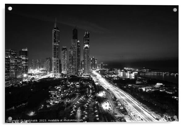 Dubai dusk illuminated view Sheikh Zayed city skyscrapers  Acrylic by Spotmatik 