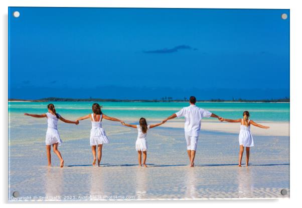 Healthy Caucasian family together on beach vacation Bahamas Acrylic by Spotmatik 