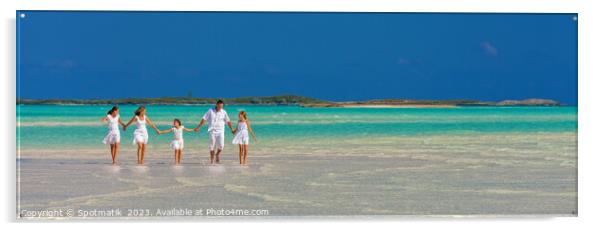 Panorama of mother father with family walking on beach  Acrylic by Spotmatik 