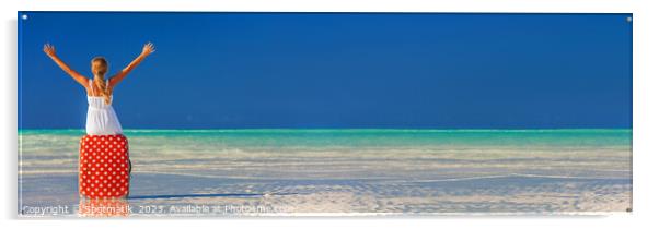 Panorama of female traveler on Bahamas ocean beach Acrylic by Spotmatik 
