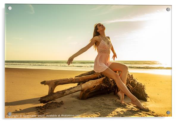 Young Caucasian girl enjoying sun sitting on driftwood  Acrylic by Spotmatik 