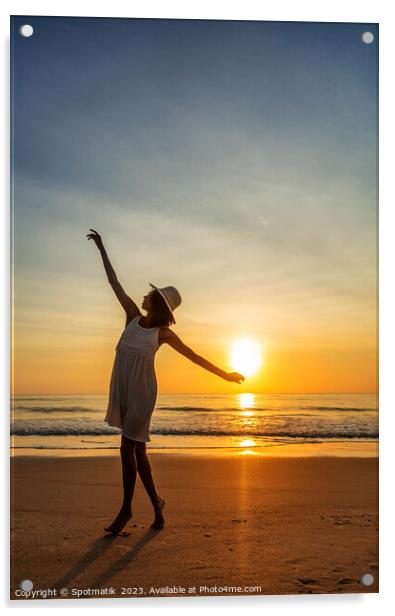 Happy Afro American girl dancing on sunset beach Acrylic by Spotmatik 