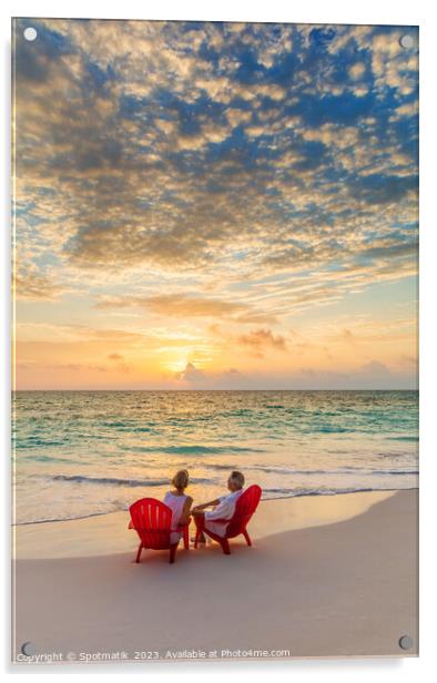 Retired Caucasian couple on beach at sunset Bahamas Acrylic by Spotmatik 