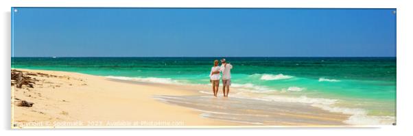 Panoramic view retired couple walking by turquoise ocean Acrylic by Spotmatik 