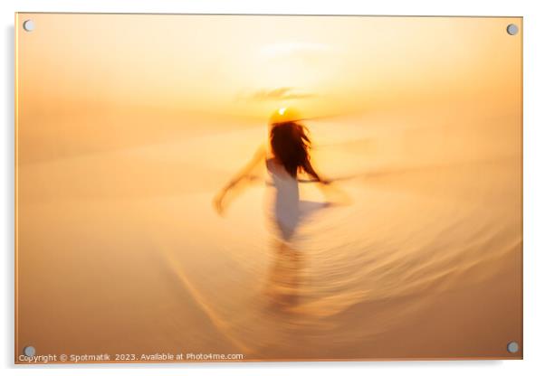 Motion blurred Asian girl dancing in ocean sunrise Acrylic by Spotmatik 