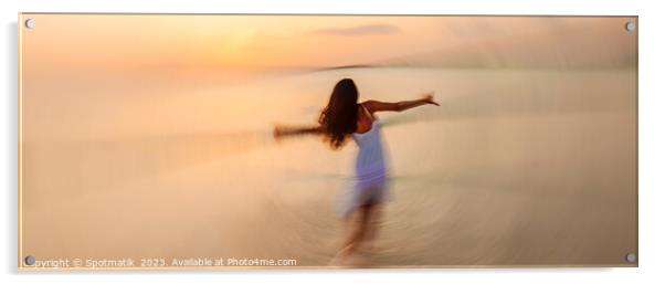 Motion blurred panoramic ocean sunset with dancing girl Acrylic by Spotmatik 