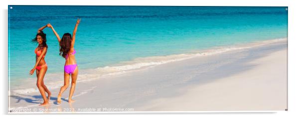 Panoramic girls having fun on tropical island vacation Acrylic by Spotmatik 