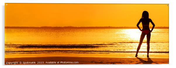 Panoramic silhouette of girl watching tropical ocean sunset Acrylic by Spotmatik 