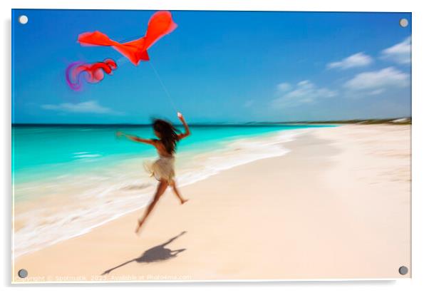 Motion blurred woman jumping on beach flying kite Acrylic by Spotmatik 