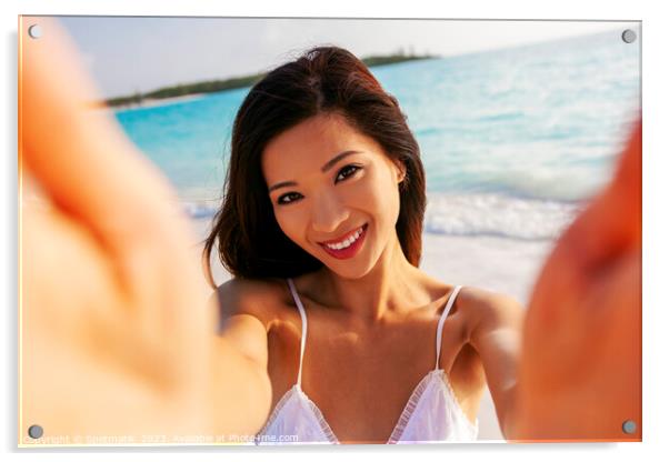 Portrait of beautiful Asian girl smiling by ocean Acrylic by Spotmatik 