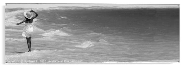 Panoramic happy girl walking through waves on beach Acrylic by Spotmatik 
