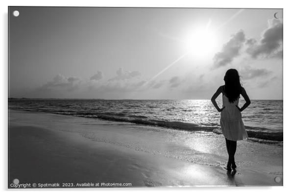 Asian female enjoying freedom outdoors by the ocean Acrylic by Spotmatik 