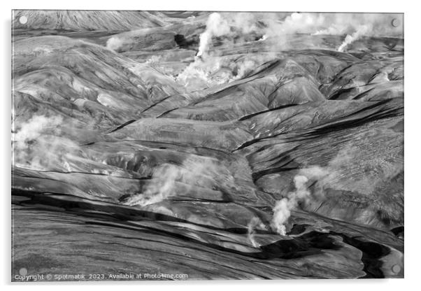 Aerial natural steam rising fissures Landmannalaugar  Acrylic by Spotmatik 