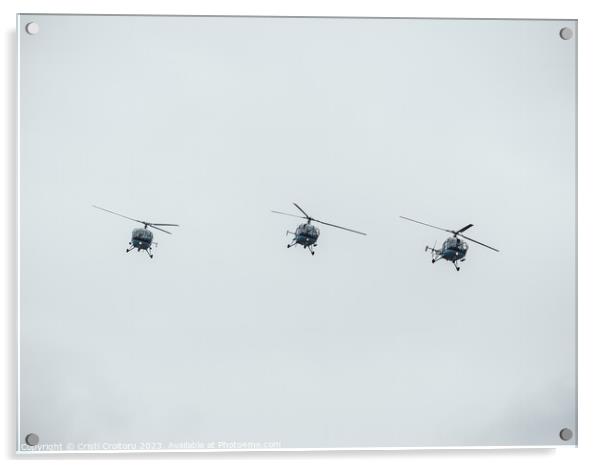 Three helicopters flying. Acrylic by Cristi Croitoru