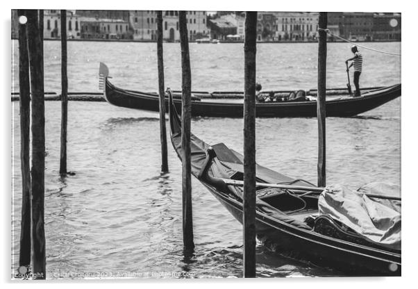 A gondolier or venetian boatman propelling a gondola on Grand Canal in Venice. Black and white photography. Acrylic by Cristi Croitoru