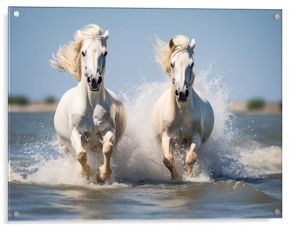 Camargue Horses Running In Water Acrylic by Steve Smith